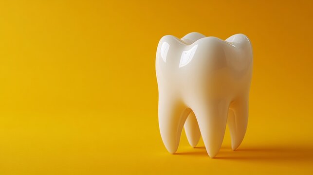Vibrant image of a white tooth against a bright yellow background highlighting the importance of oral dental hygiene with ample copy space for promoting teeth whitening and dental health