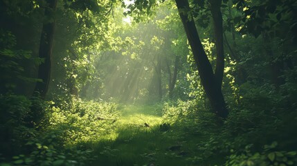 Fototapeta premium Serene Sunlit Forest with Lush Green Undergrowth - Peaceful Woodland Landscape 