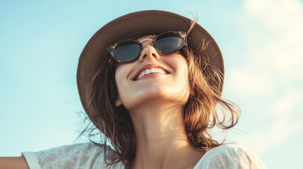 Fototapeta premium A young woman enjoys a sunny day outdoors, smiling brightly while wearing sunglasses and a hat, embracing the warmth of the afternoon