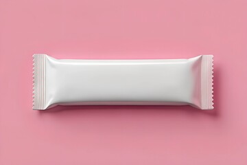Minimalistic mockup of a white snack bar packaging on a pink background, ideal for branding, packaging design, or food product presentations.