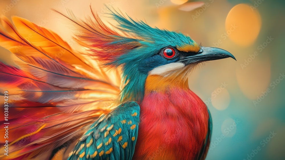 Poster a colorful mythical bird with vibrant feathers poses majestically against a soft background