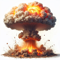 Dramatic mushroom cloud explosion nuclear detonation isolated on white background