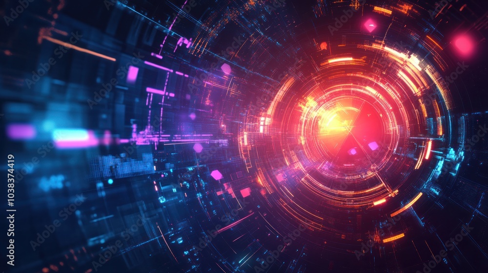 Poster abstract futuristic design with digital patterns and glowing effects