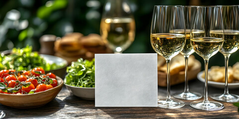 Blank Card with Wine and Appetizers on Table