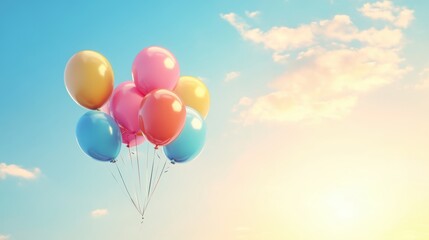 Colorful Balloons Floating in a Blue Sky with Clouds - Summer Celebration, Party Decor, and Joy Concept.