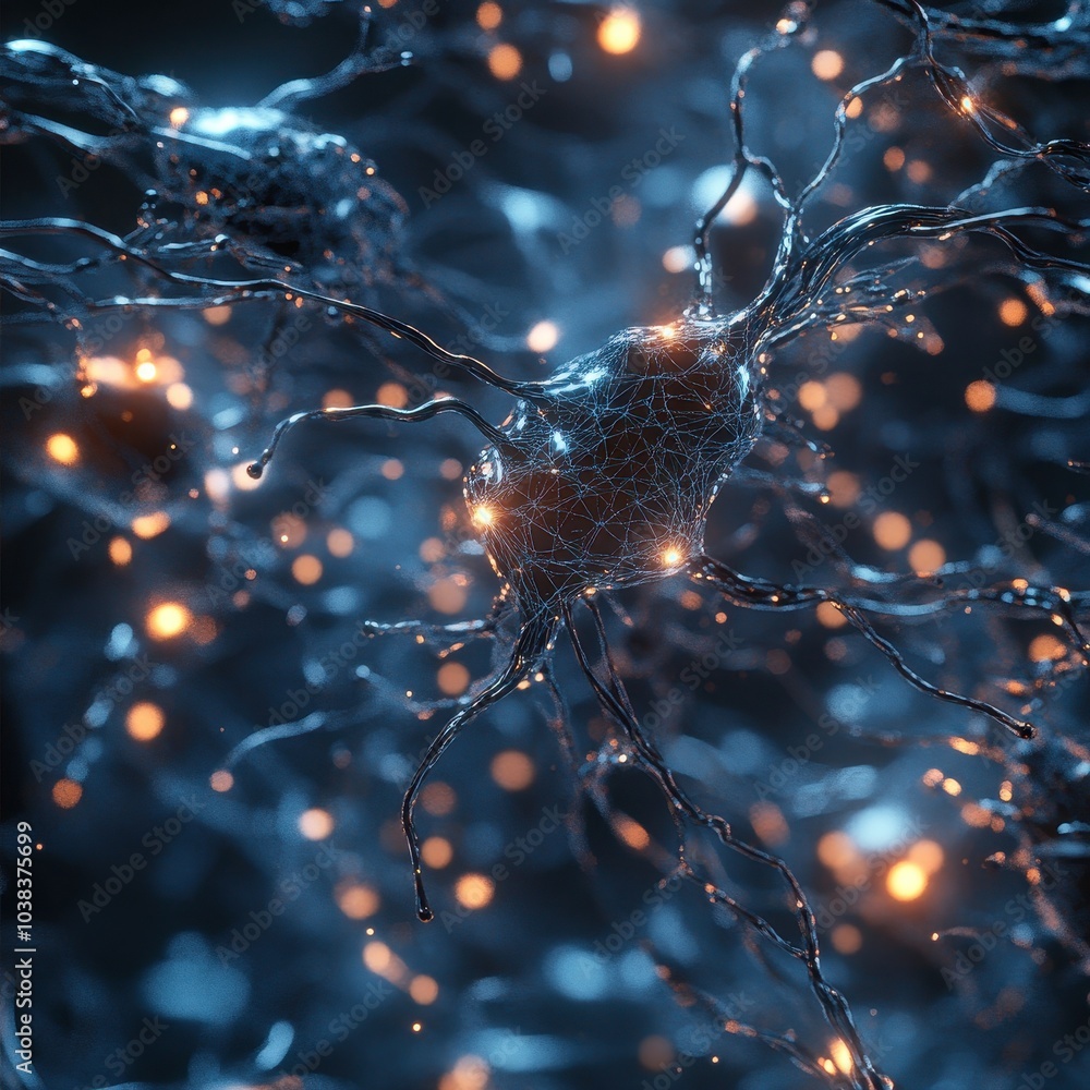 Poster abstract neuron cell with glowing lights - 3d rendering.
