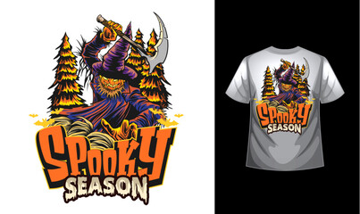 Halloween Mascot T-shirt design costume template with Pumpkin and skull. Happy Halloween scary trendy vector t-shirt design. a Halloween-themed t-shirt design