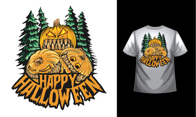Halloween Mascot T-shirt design costume template with Pumpkin and skull. Happy Halloween scary trendy vector t-shirt design. a Halloween-themed t-shirt design