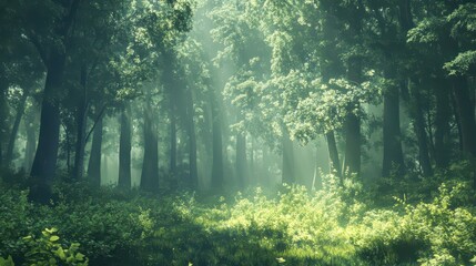 Obraz premium Serene Sunlit Forest with Lush Green Undergrowth - Peaceful Woodland Landscape 