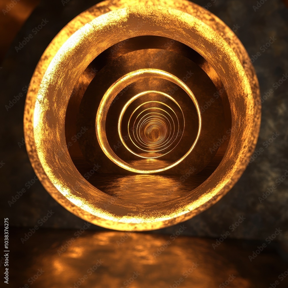 Poster golden circular tunnel - abstract 3d render of glowing circular shapes in a dark space