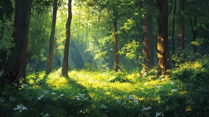 Obraz premium Serene Sunlit Forest with Lush Green Undergrowth - Peaceful Woodland Landscape 
