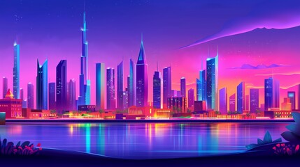 Obraz premium Neon skyline with skyscrapers reflected in water