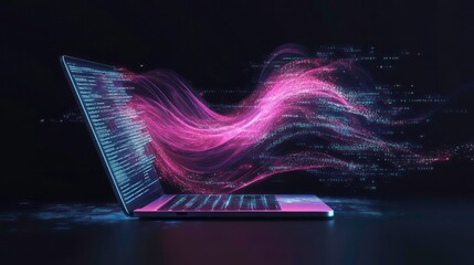 A laptop with glowing pink and blue lines emanating from the screen, representing data transfer or processing.