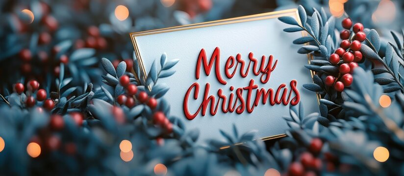 A framed sign with the words "Merry Christmas" in red lettering set among blue-green foliage and red berries with out-of-focus lights in the background.