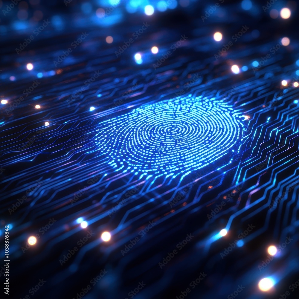 Poster abstract fingerprint on circuit board - digital security and technology concept.