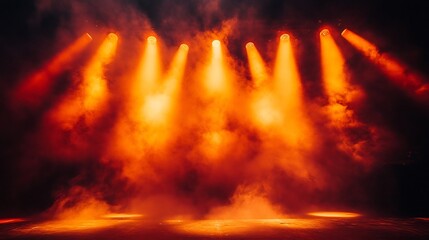 Vibrant stage bathed in neon orange lights with dense plumes of smoke rising through the air silhouetted by a dark shadowy background perfect for a highenergy concert or show
