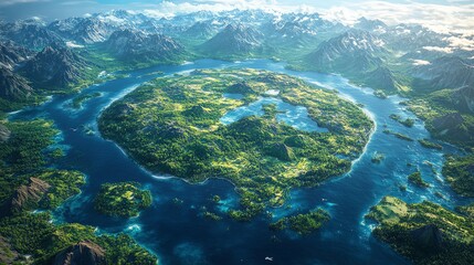 Obraz premium Aerial view of a lush, green island surrounded by water.