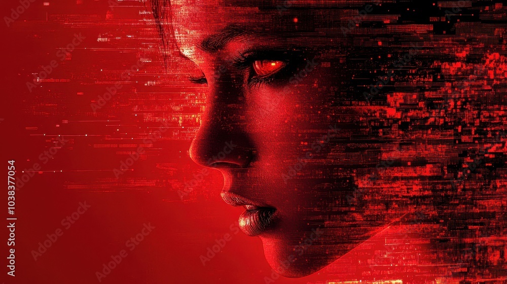 Poster genderless person face, red glowing abstract digital background. evil artificial intelligence threat