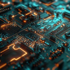 Obraz premium Abstract Circuit Board with Glowing Orange Lines and Teal Highlights.