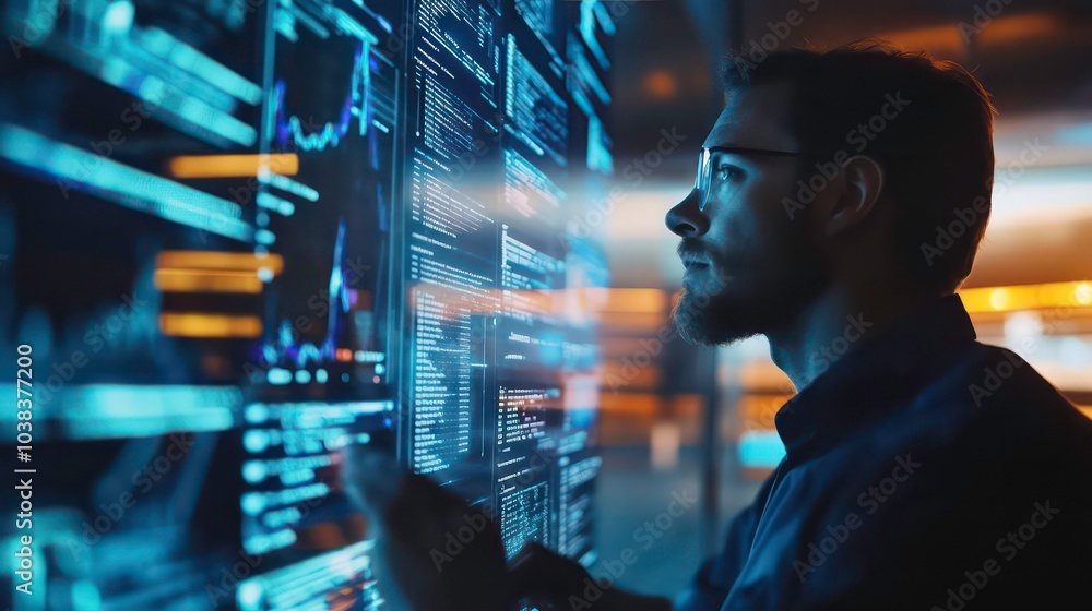 Poster a man in glasses stands in front of a large screen displaying complex data.
