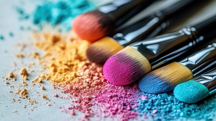 Colorful makeup brushes and powder pigments scattered on a white surface for a beauty tutorial