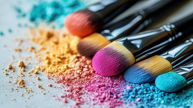 Colorful makeup brushes and powder pigments scattered on a white surface for a beauty tutorial