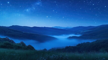 Fototapeta premium View of beautiful night sky with stars in foggy mountain valley. Scenic landscape of misty hills under blue starry sky. Concept of astrology and magical nighttime. 