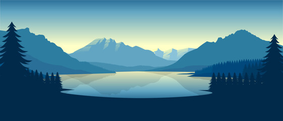 Blue mountain landscape wallpaper in a minimalist flat design style. Minimalist beauty background for desktop and wallpaper