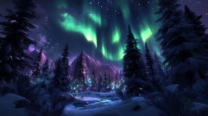 Fototapeta premium A mesmerizing display of the Northern Lights dancing across the night sky, in shades of green, blue, and purple. Below, a snow-covered forest stands illuminated by the soft glow of the aurora