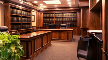 A sophisticated law office interior with mahogany desks and shelves lined with legal books, Law office scene, Professional and authoritative style