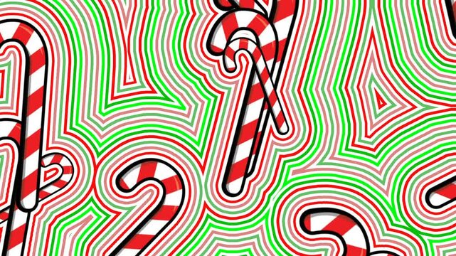 Seamless animation of illustration of  Christmas candy canes falling with lines wave effect