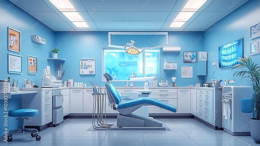 Poster visually appealing banner depicting a dentist's room filled with an array of dental tools and instru