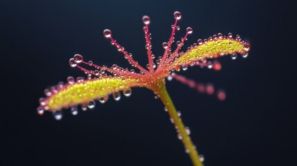 Sundew (Drosera) lives on swamps insects sticky leaves. Leaf of Sundew. 