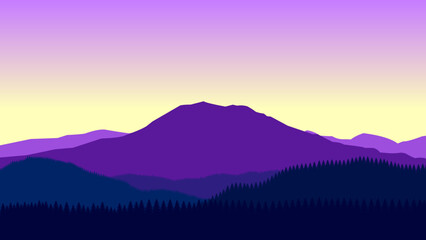Purple mountain landscape wallpaper in a minimalist flat design style. Minimalist beauty background for desktop and wallpaper