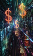 Dollar signs in a futuristic, digital city.