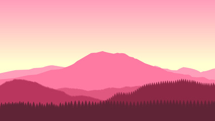 Pink mountain landscape wallpaper in a minimalist flat design style. Minimalist beauty background for desktop and wallpaper