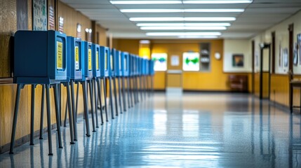 Line of voting privacy booths at an empty polling station, USA Election Day, copyspace