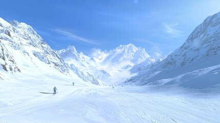 Obraz premium Majestic Ice Age Mountain Range: Skiers Gliding Through Powdery Snow on a Clear Winter Day