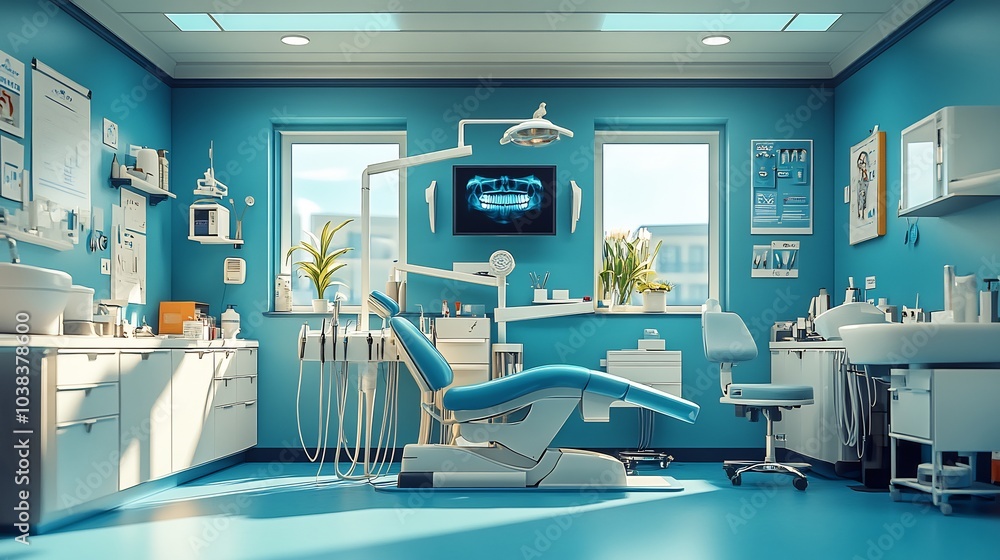 Poster visually appealing banner depicting a dentist's room filled with an array of dental tools and instru