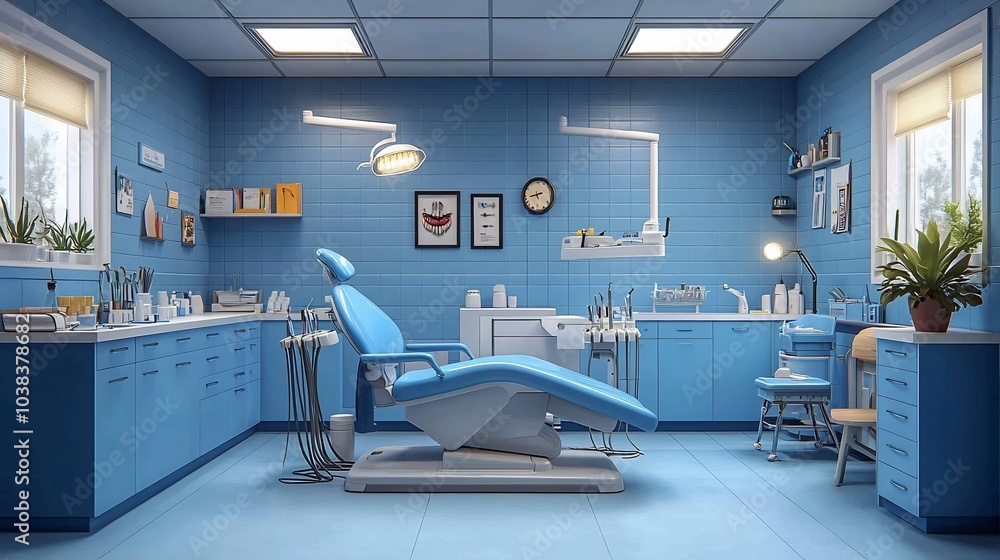 Poster visually appealing banner depicting a dentist's room filled with an array of dental tools and instru