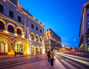 Fototapeta premium Night View of Rossio Station, Lisbon With Light Trails