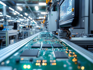 Modern electronics manufacturing facility showcasing advanced machinery and circuit boards. image captures intricate details of production process, highlighting technology and precision
