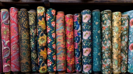 A textile market, the bolts of fabric displayed in colorful, repetitive patterns