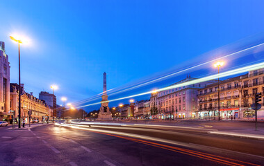 Nighttime Light Trails at Restauradores Square in Lisbon, Portugal