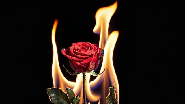 A red rose in flames against a black background. The brightly colored petals and orange and yellow flames stand out against the dark background.