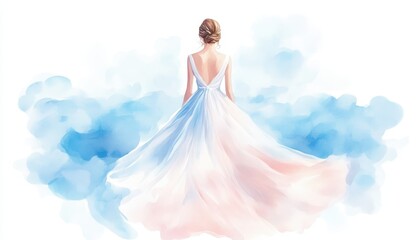 Naklejka premium A woman in a blue dress is standing in front of a blue sky