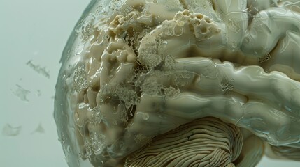 Obraz premium Close-up of human brain model with visible tumor, neutral background, soft lighting, medical focus, detailed representation, educational tool for medical professionals and students.