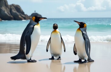 Fototapeta premium Three king penguins stand on the warm sand of the beach next to the turquoise-blue sea.