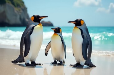 King penguins stand on a beach with light sand next to the blue ocean water on a sunny day.