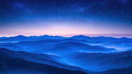 Obraz premium View of beautiful night sky with stars in foggy mountain valley. Scenic landscape of misty hills under blue starry sky. Concept of astrology and magical nighttime. 